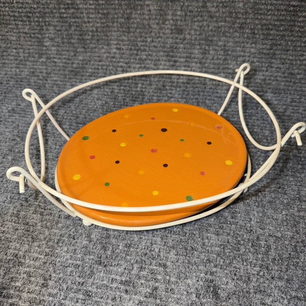 3Pc Temptations By Tara Orange Polka-Dot Hen Chicken Ovenware Basket Lid